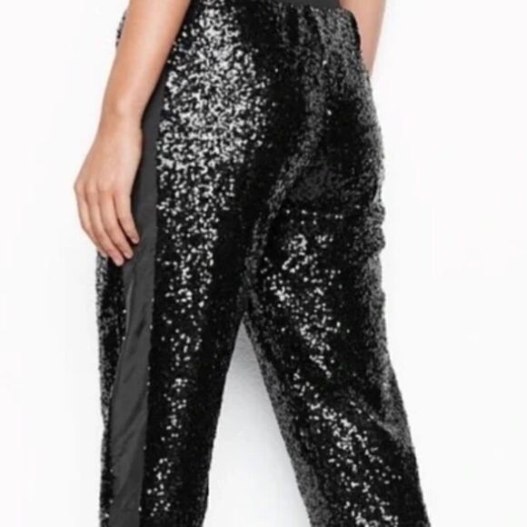 Victoria Secret Sport Pants Limited Edition Black Sequins Tuxedo Stripe Sz L - Picture 2 of 14